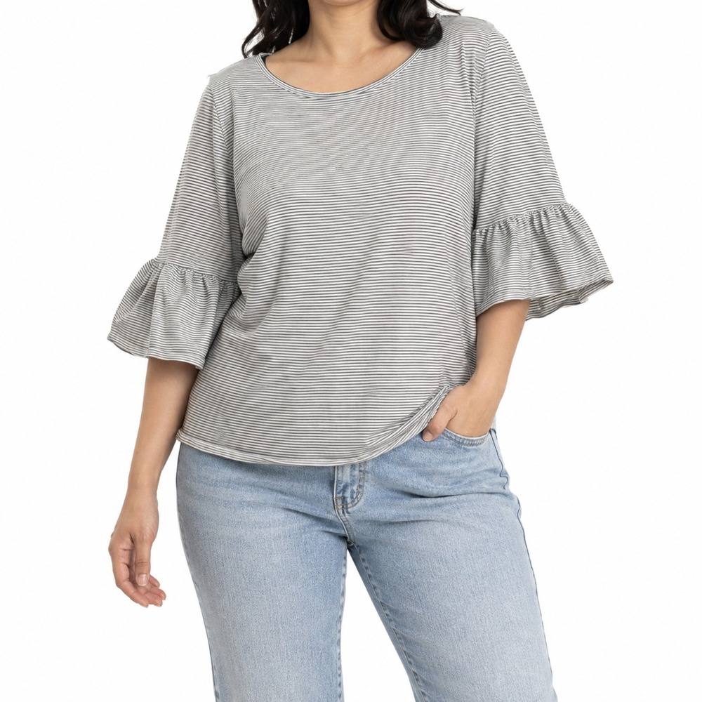 Mystree Tunic Blouse Women's Medium Grey Striped Bell Sleeve NWT Casual Wear